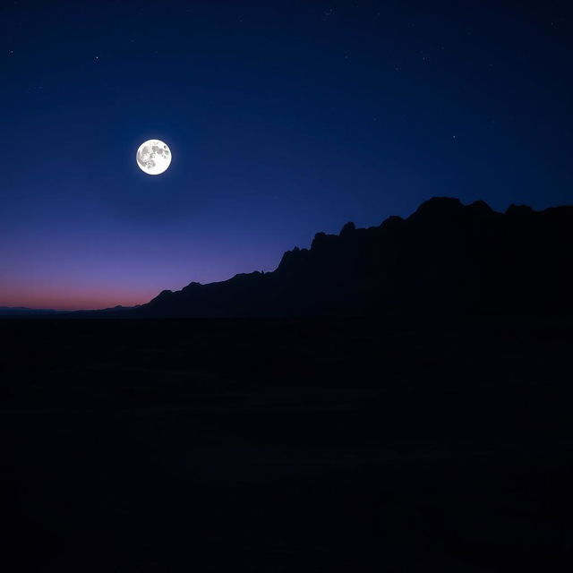 A dramatic dark desert landscape at twilight, featuring deep blue and purple hues filling the sky as the last light of the day fades