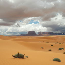 A captivating desert landscape under a cloudy sky, featuring vast stretches of golden sand dunes that ripple in the wind