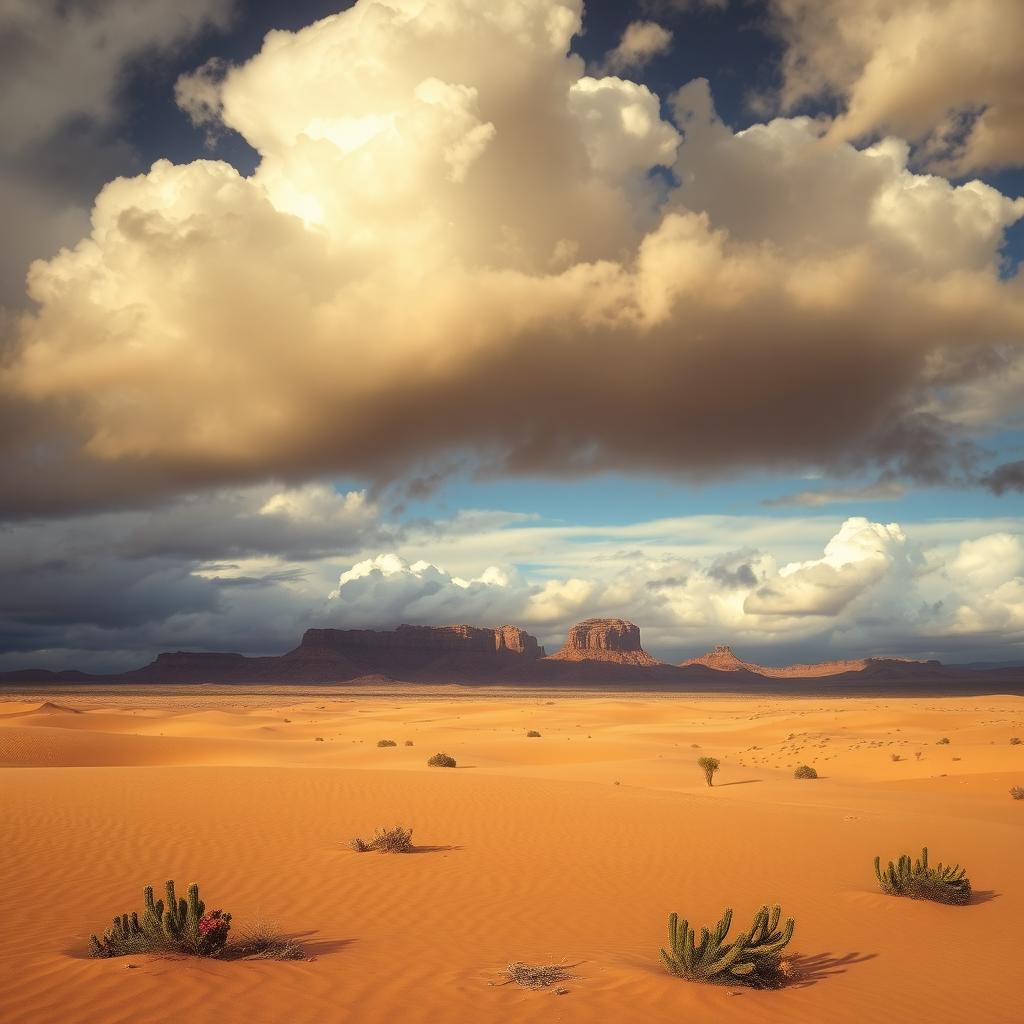 A captivating desert landscape under a cloudy sky, featuring vast stretches of golden sand dunes that ripple in the wind