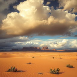 A captivating desert landscape under a cloudy sky, featuring vast stretches of golden sand dunes that ripple in the wind