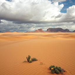 A captivating desert landscape under a cloudy sky, featuring vast stretches of golden sand dunes that ripple in the wind