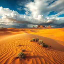 A captivating desert landscape under a cloudy sky, featuring vast stretches of golden sand dunes that ripple in the wind