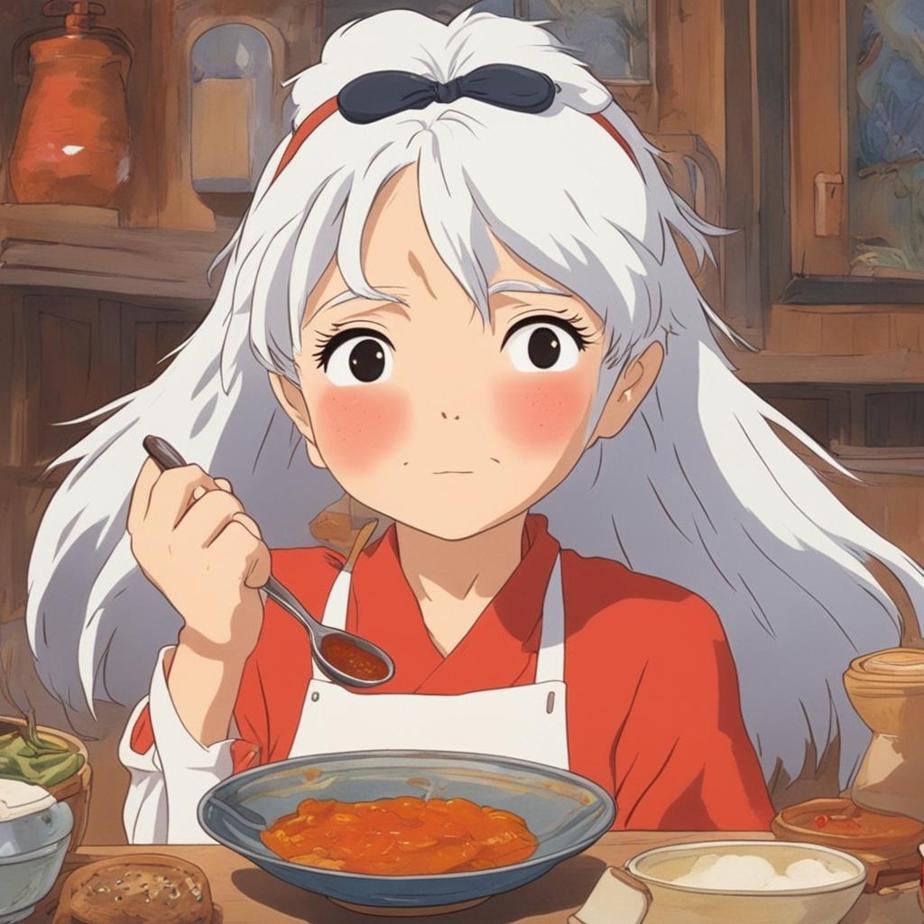 Close-up of a white-haired girl's red, sweating face in a comical scene after eating medium spice curry, Studio Ghibli style.