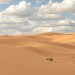 A serene desert landscape under a cloudy sky, showcasing soft, rolling hills of sand