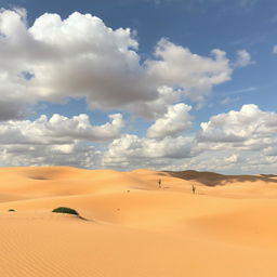 A serene desert landscape under a cloudy sky, showcasing soft, rolling hills of sand