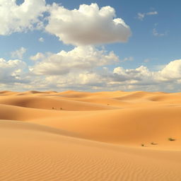 A serene desert landscape under a cloudy sky, showcasing soft, rolling hills of sand