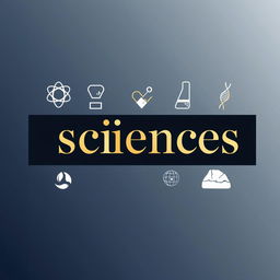 A scientific journal cover prominently featuring the word 'sciences' in an elegant font, surrounded by icons representing different fields of science: physics (atom symbol), chemistry (beaker), mathematics (geometric shapes), biology (leaf or DNA strand), and geology (rock or earth symbol)