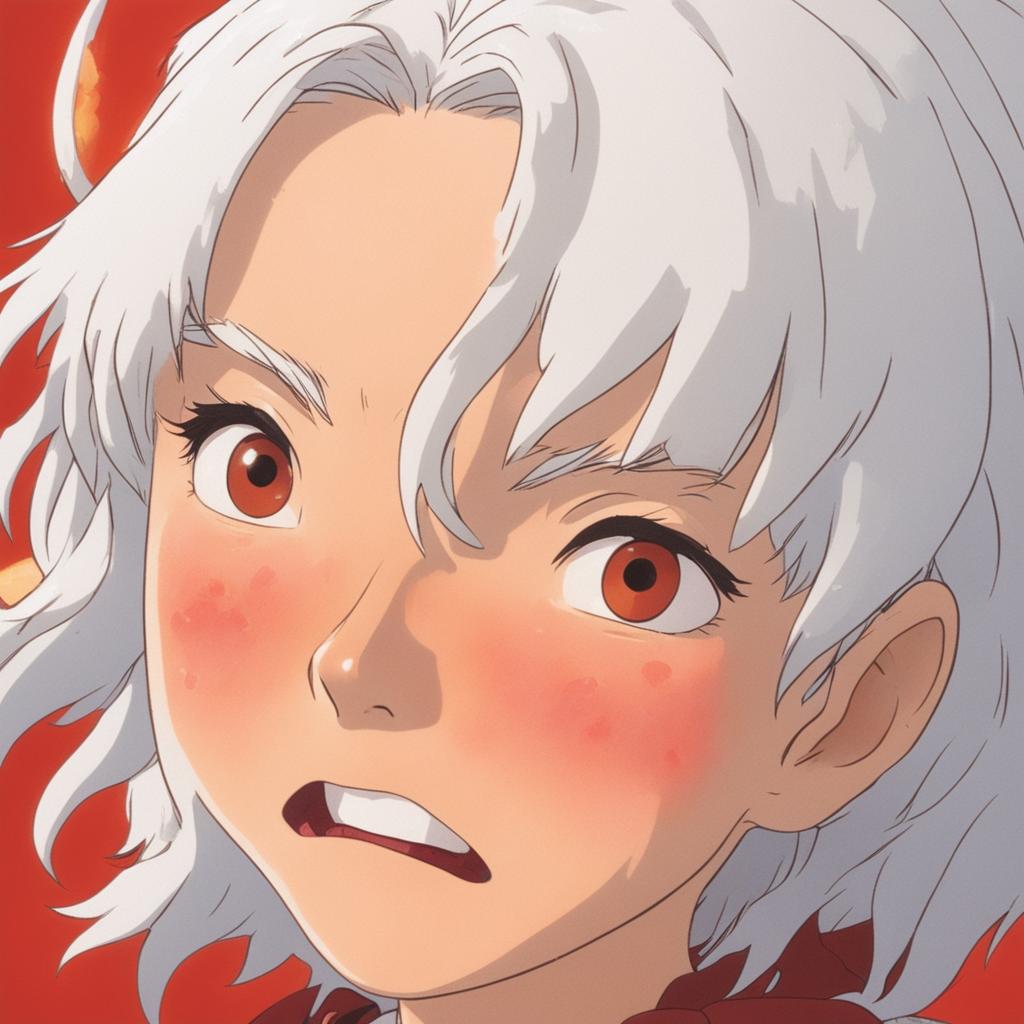 Extreme close-up of a white-haired girl's face, red and sweating profusely in a hilarious scene after eating medium spice curry, Studio Ghibli style