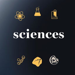 A scientific journal cover prominently featuring the word 'sciences' in an elegant font, surrounded by icons representing different fields of science: physics (atom symbol), chemistry (beaker), mathematics (geometric shapes), biology (leaf or DNA strand), and geology (rock or earth symbol)