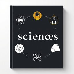 A scientific journal cover prominently featuring the word 'sciences' in an elegant font, surrounded by icons representing different fields of science: physics (atom symbol), chemistry (beaker), mathematics (geometric shapes), biology (leaf or DNA strand), and geology (rock or earth symbol)