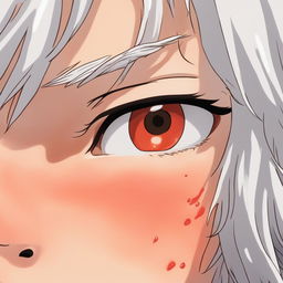 Extreme close-up of a white-haired girl's face, red and sweating profusely in a hilarious scene after eating medium spice curry, Studio Ghibli style