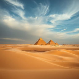 A stunning desert landscape under a cloudy sky, featuring rolling hills and the iconic pyramids of Giza in the background