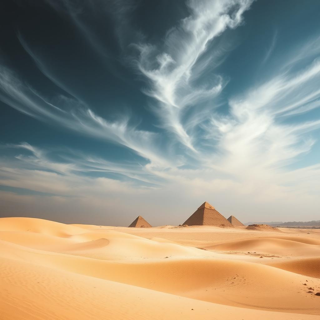 A stunning desert landscape under a cloudy sky, featuring rolling hills and the iconic pyramids of Giza in the background