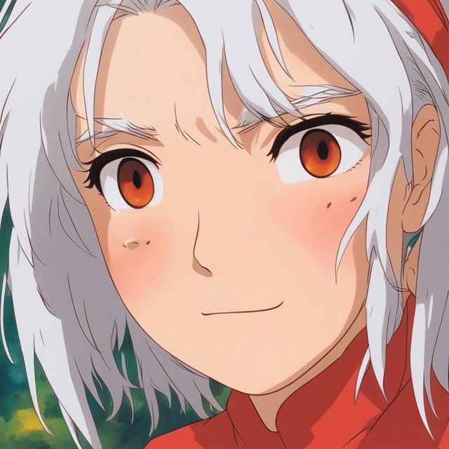 Extreme close-up of a white-haired girl's face, red and sweating profusely in a hilarious scene after eating medium spice curry, Studio Ghibli style