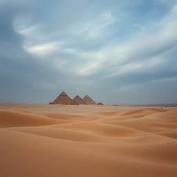 A stunning desert landscape under a cloudy sky, featuring rolling hills and the iconic pyramids of Giza in the background