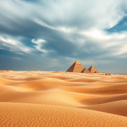 A stunning desert landscape under a cloudy sky, featuring rolling hills and the iconic pyramids of Giza in the background