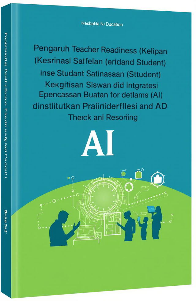 A book cover design for a title "Pengaruh Teacher Readiness (Kesiapan Guru) dan Student Satisfaction (Kepuasan Siswa) terhadap Integrasi Kecerdasan Buatan (AI) dalam Institusi Pendidikan Vokasi dan Teknik (TVET)"