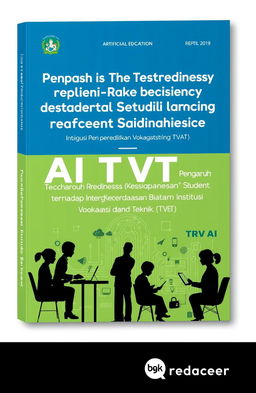 A book cover design for a title "Pengaruh Teacher Readiness (Kesiapan Guru) dan Student Satisfaction (Kepuasan Siswa) terhadap Integrasi Kecerdasan Buatan (AI) dalam Institusi Pendidikan Vokasi dan Teknik (TVET)"
