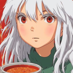 Extreme close-up of a white-haired girl's face, red and sweating profusely in a hilarious scene after eating medium spice curry, Studio Ghibli style