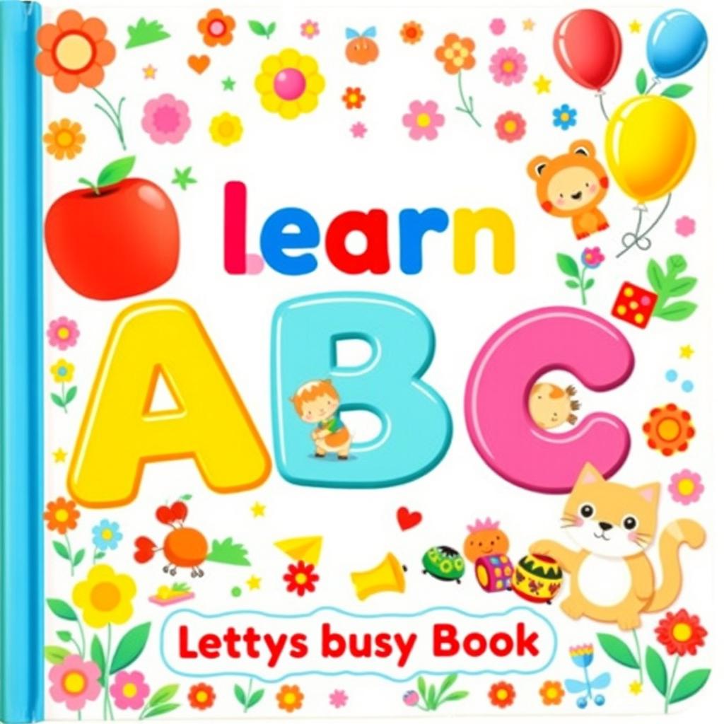 A vibrant and colorful illustration of the cover of a toddler's busy book titled 'Learn ABC'