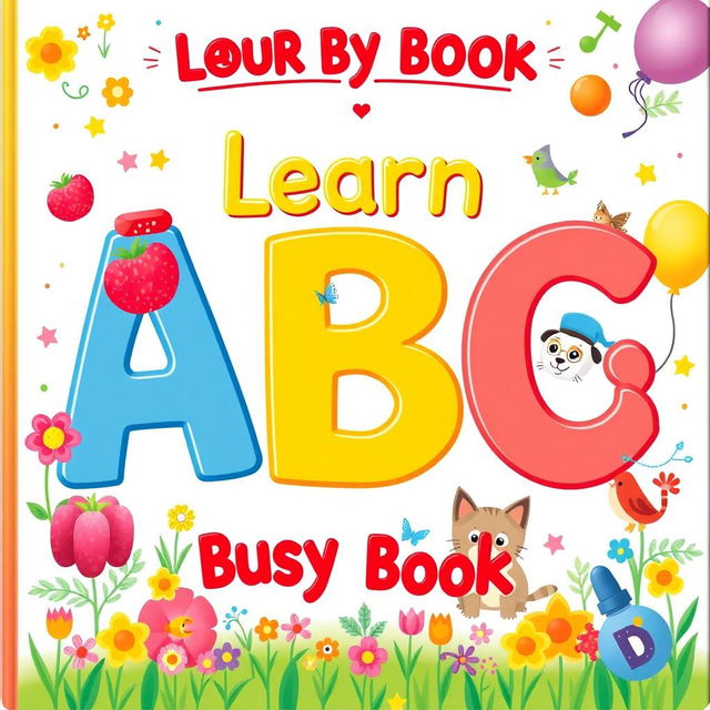 A vibrant and colorful illustration of the cover of a toddler's busy book titled 'Learn ABC'