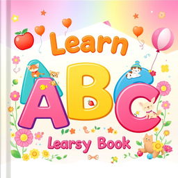 A vibrant and colorful illustration of the cover of a toddler's busy book titled 'Learn ABC'