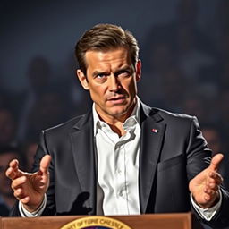A portrait of a charismatic and enigmatic leader standing at a podium, exuding confidence