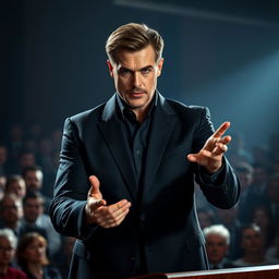 A portrait of a charismatic and enigmatic leader standing at a podium, exuding confidence