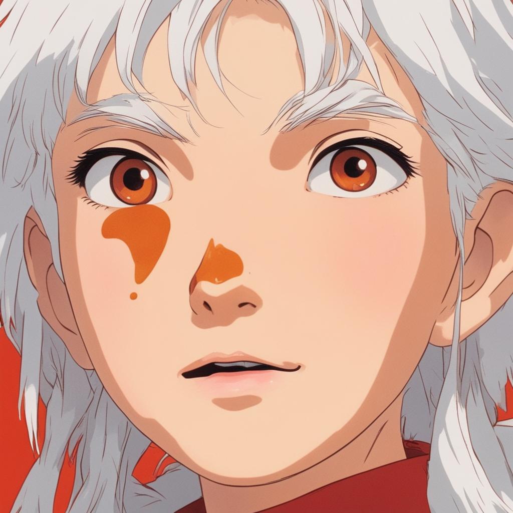 Extreme close-up of a white-haired girl's face, red and sweating profusely, with swollen lips, a running nose, and watering eyes after eating medium spice curry, Studio Ghibli style