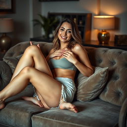 A sensual scene featuring a confident woman lounging on a plush sofa