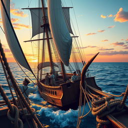 A vibrant scene depicting the Golden Age of Sail, showcasing skilled sailors expertly navigating a majestic tall ship amidst the expansive sea