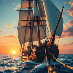 A vibrant scene depicting the Golden Age of Sail, showcasing skilled sailors expertly navigating a majestic tall ship amidst the expansive sea