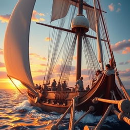 A vibrant scene depicting the Golden Age of Sail, showcasing skilled sailors expertly navigating a majestic tall ship amidst the expansive sea