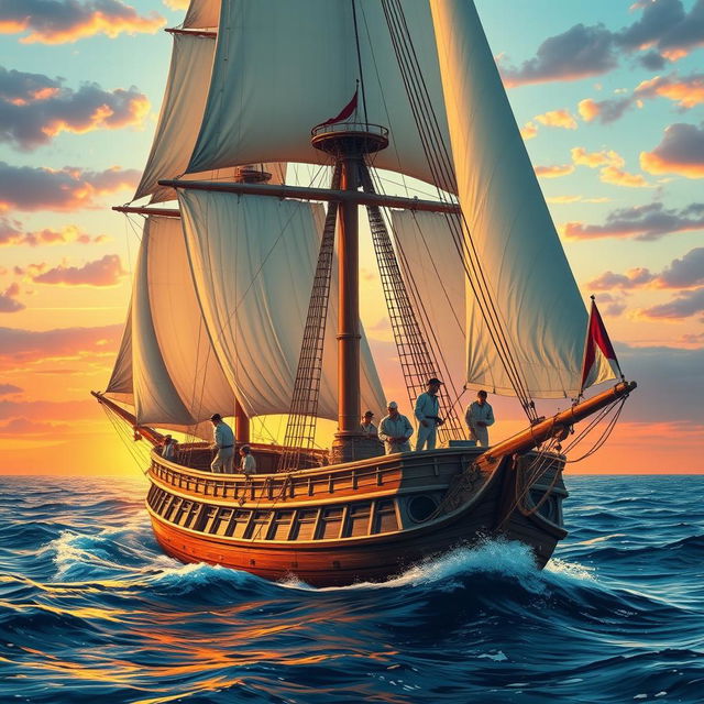 A vibrant scene depicting the Golden Age of Sail, showcasing skilled sailors expertly navigating a majestic tall ship amidst the expansive sea