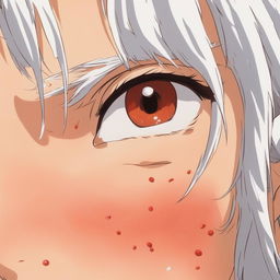 Extreme close-up of a white-haired girl's face, red and sweating profusely, with swollen lips, a running nose, and watering eyes after eating medium spice curry, Studio Ghibli style