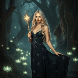 A beautiful blonde witch standing in an enchanted forest, surrounded by mystical glowing plants and ancient trees