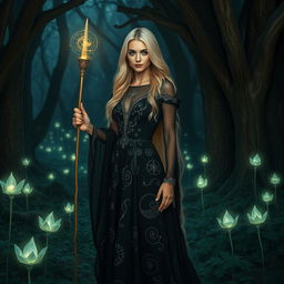 A beautiful blonde witch standing in an enchanted forest, surrounded by mystical glowing plants and ancient trees