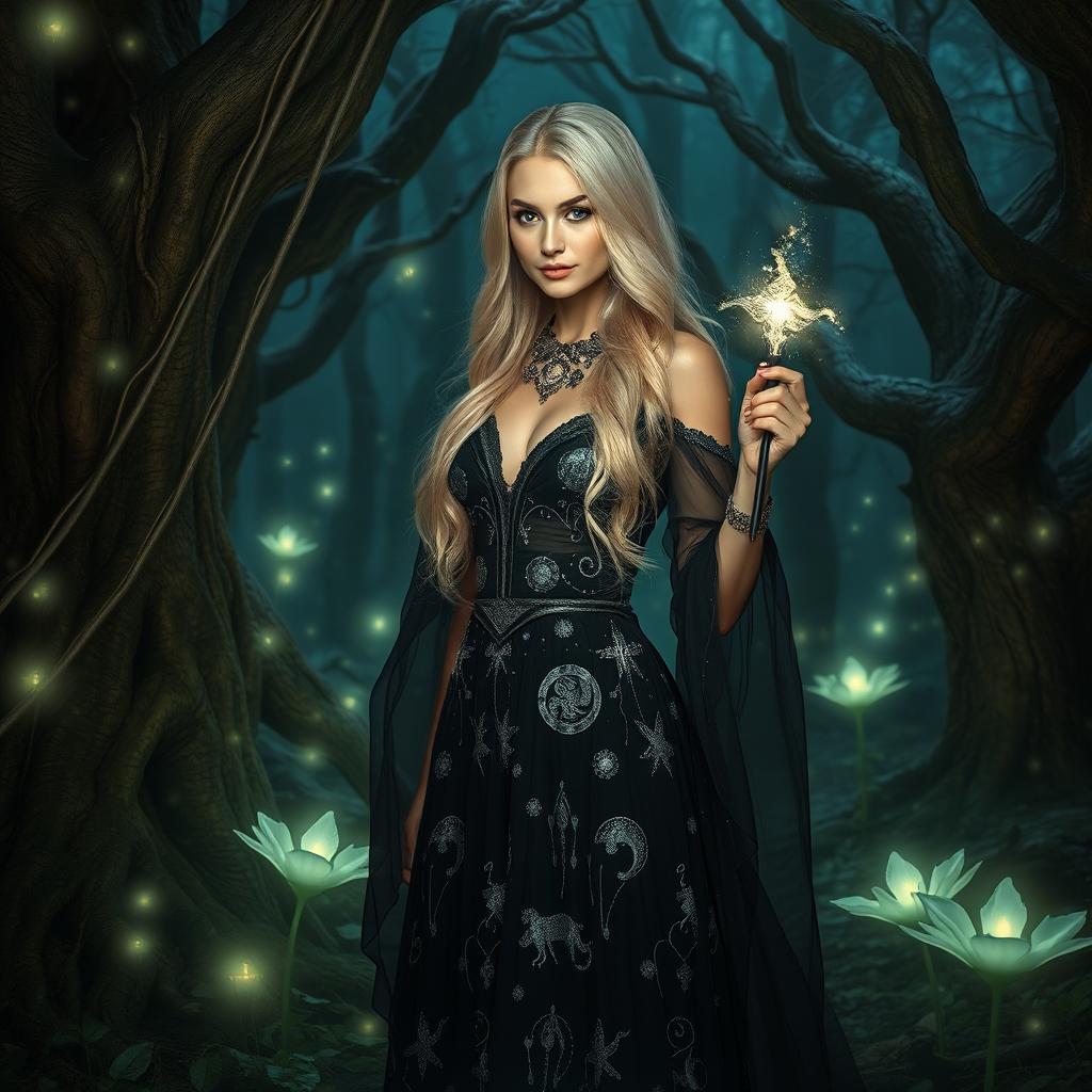 A beautiful blonde witch standing in an enchanted forest, surrounded by mystical glowing plants and ancient trees