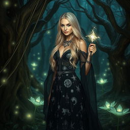 A beautiful blonde witch standing in an enchanted forest, surrounded by mystical glowing plants and ancient trees