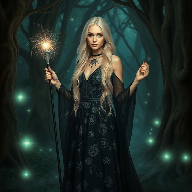 A beautiful blonde witch standing in an enchanted forest, surrounded by mystical glowing plants and ancient trees