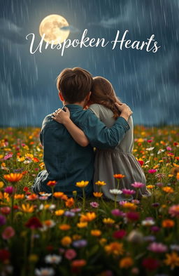 A touching scene of a 25-year-old boy and girl hugging each other while sitting back-facing in a wildflower field