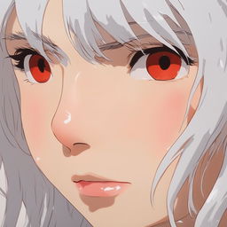 Extreme close-up of a white-haired girl's face, red and sweating profusely, with swollen lips, a running nose, and watering eyes after eating medium spice curry, Studio Ghibli style