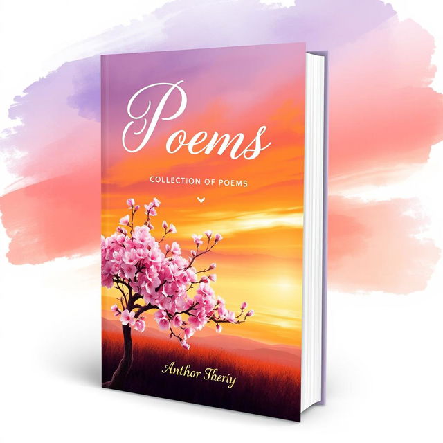 A stunning book cover design for a collection of poems, featuring a dreamy landscape with a serene sunset in vibrant colors like orange, pink, and purple