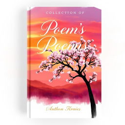 A stunning book cover design for a collection of poems, featuring a dreamy landscape with a serene sunset in vibrant colors like orange, pink, and purple