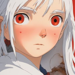 Extreme close-up of a white-haired girl's face, red and sweating profusely, with swollen lips, a running nose, and watering eyes after eating medium spice curry, Studio Ghibli style