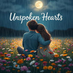 A heartwarming scene featuring a 25-year-old boy and girl hugging each other while sitting back-facing in a wildflower field