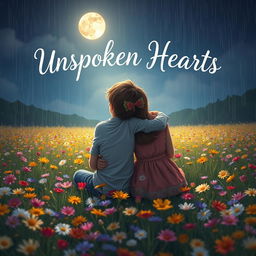 A heartwarming scene featuring a 25-year-old boy and girl hugging each other while sitting back-facing in a wildflower field