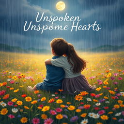 A heartwarming scene featuring a 25-year-old boy and girl hugging each other while sitting back-facing in a wildflower field