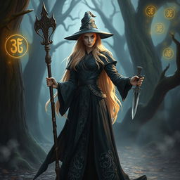 A fierce blonde witch standing confidently in a mystical forest, holding an ornate staff in one hand and a dagger in the other