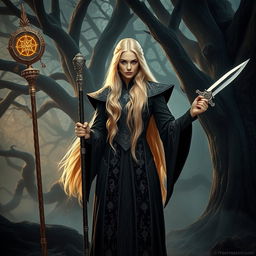 A fierce blonde witch standing confidently in a mystical forest, holding an ornate staff in one hand and a dagger in the other